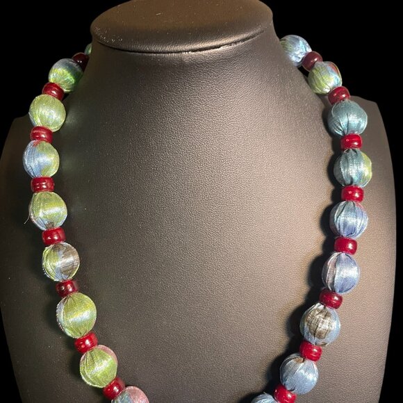 Colorful Fabric Bead Necklace Burgundy Spacers Boho Statement Jewelry Gift - Picture 5 of 7